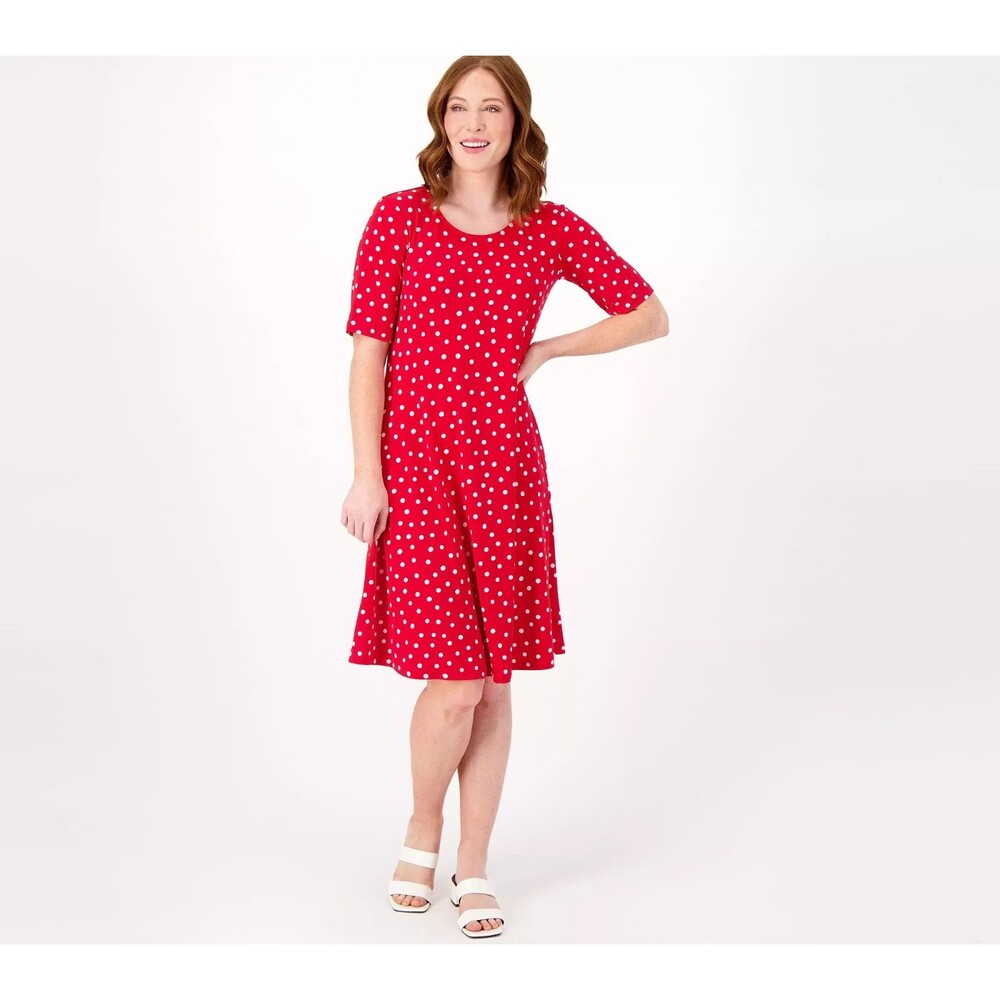 Susan Graver Regular Liquid Knit Fit & Flare Dress Red Dot Sz Small